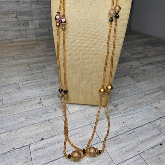 Robert Rose 2 Strands Orange Glass Beads with Goldtone, Clear & Iridescent Beads - Picture 1 of 7